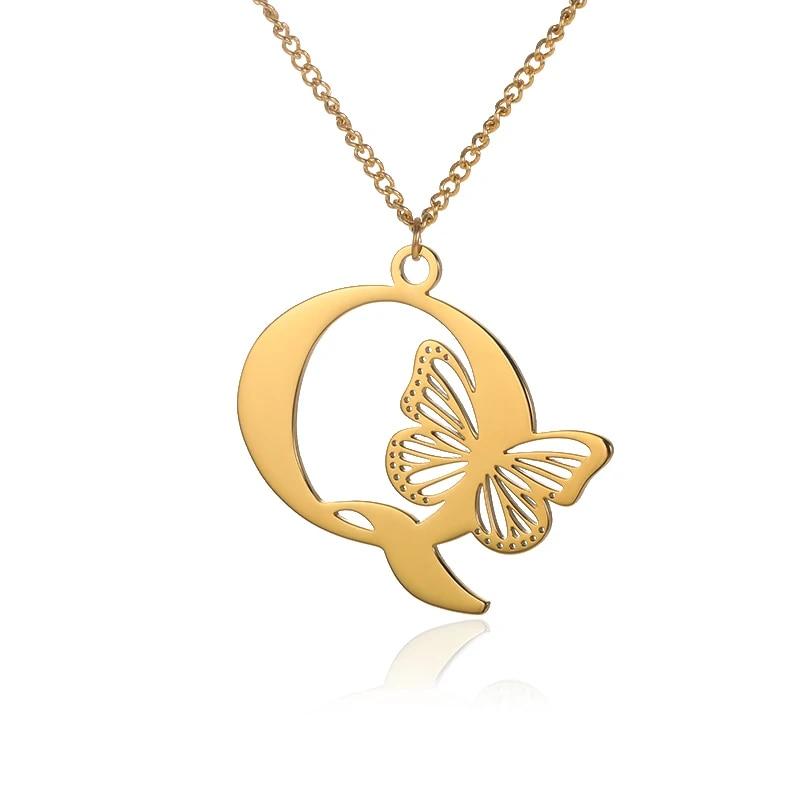 Dainty Big Butterfly Letters Necklaces For Women Girl Jewelry Stainless Steel Chain Initial Pendant Necklace Best Accessories