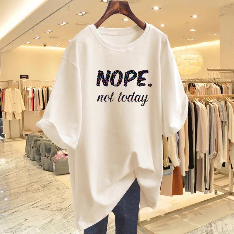 Women's Korean Style Loose Fit Cotton Letter Print T-Shirt, Plus Size, Short Sleeve, Summer Top.