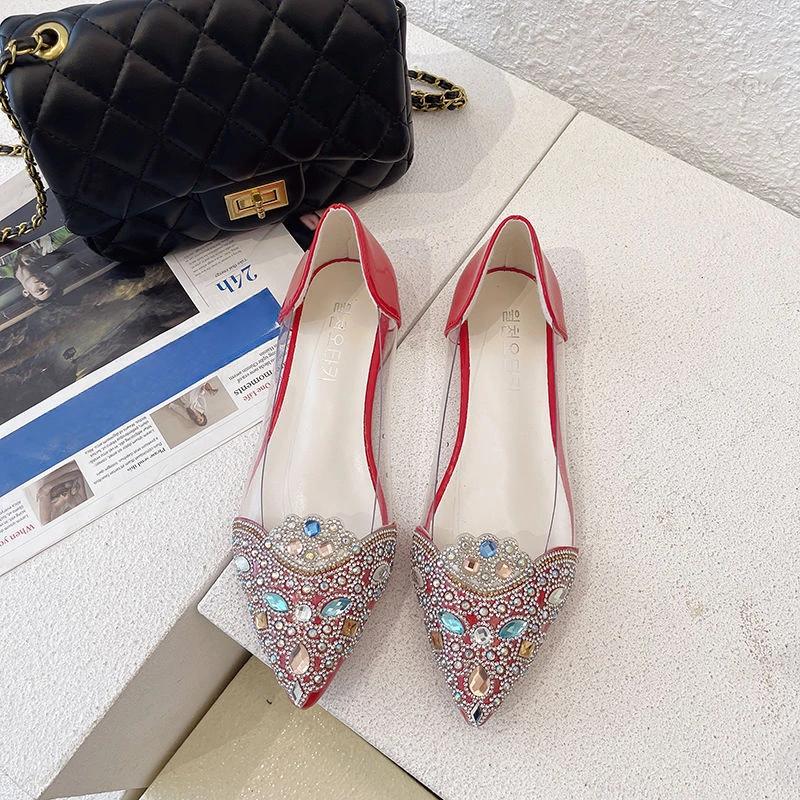 Fashion Women's Flat Shoes Transparent Clear Diamond Red Pointed Toe Rhinestone Ladies Footwear with Crystals Cheap Clearance Stylish 39