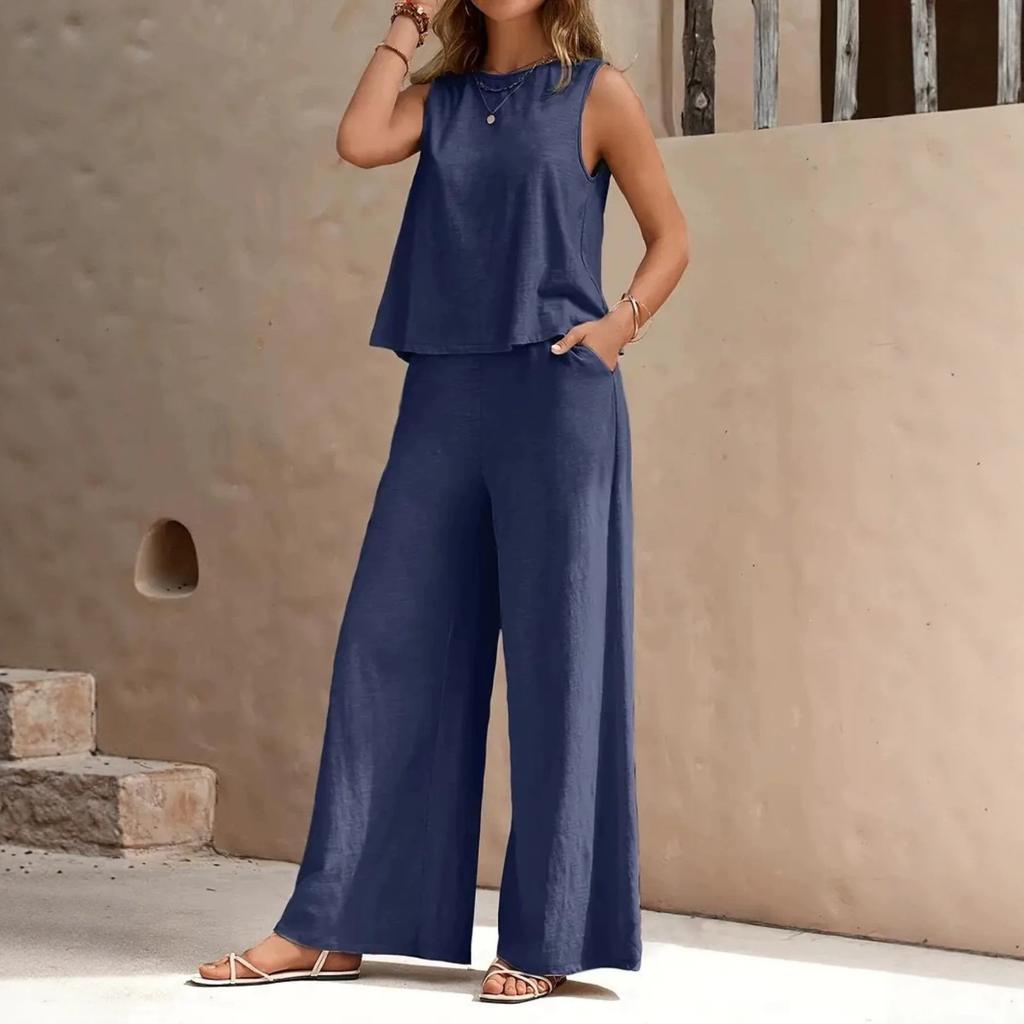 Women's Round Neck Sleeveless Tank Top and Wide Leg Pants 2 Piece Casual Set
