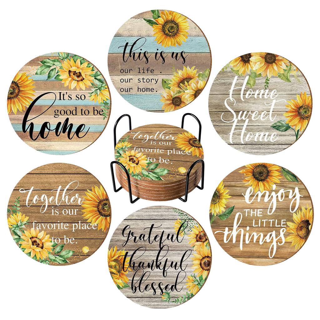 Christmas 6 Pieces Vintage Sunflower Drink With Holder Absorbent Sunflower Wood Drink Thank You Gifts Plates Mats Table Round
