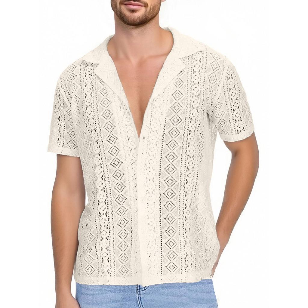 Men's Lace Short-sleeved Shirt With See-through Buttons, Holiday Casual Hollowed-out Top