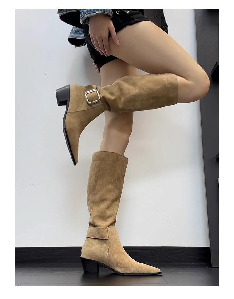 Pointed boots children but knee boots 2025 new versatile thick heel fashion suede pleated pile knight boots