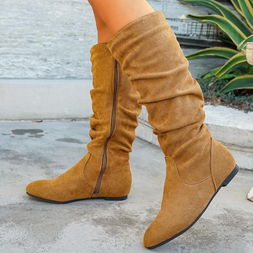 Pleated Boots Women's Winter Round Head Large Size Suede Side Zipper Western Boots
