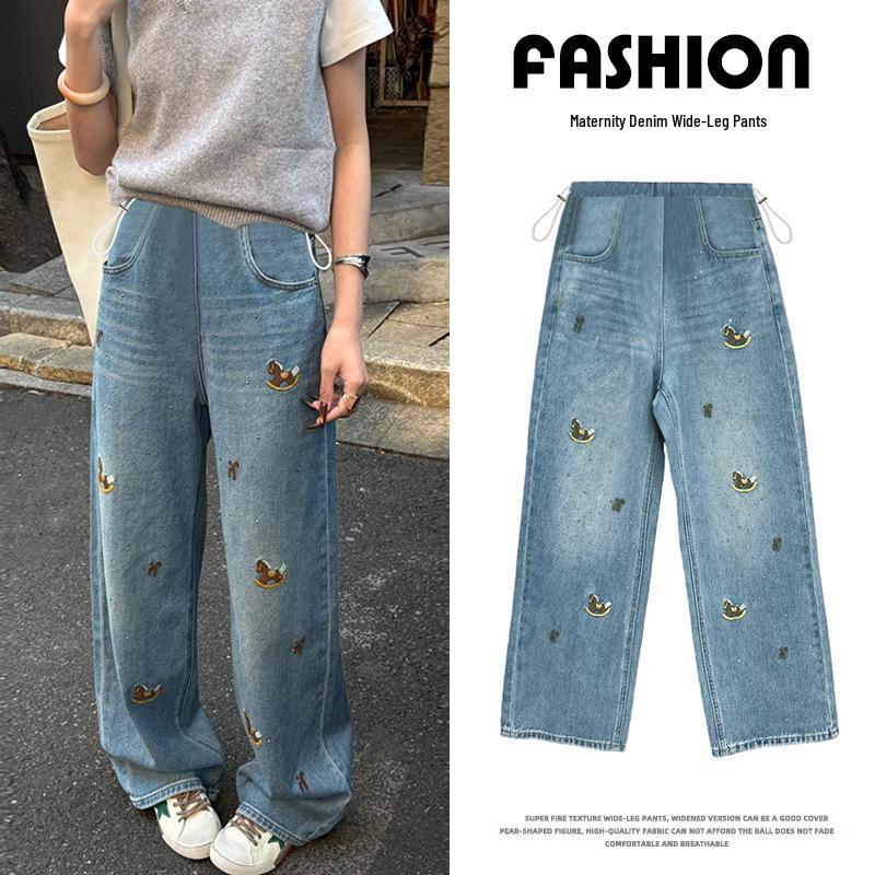 

Spring 2026 Plus Size Rhinestone Wide Leg High Waist Jeans - Slimming, Loose, Floor-Length Pants Large синій