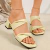Square Heel Women's Slippers Soft Leather Pleated Square Toe Sandals Large Size Casual Slides High Heels Slippers 42