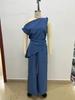 Elegant One-Shoulder Solid Color Women's Suit with Pocket Zipper Pants