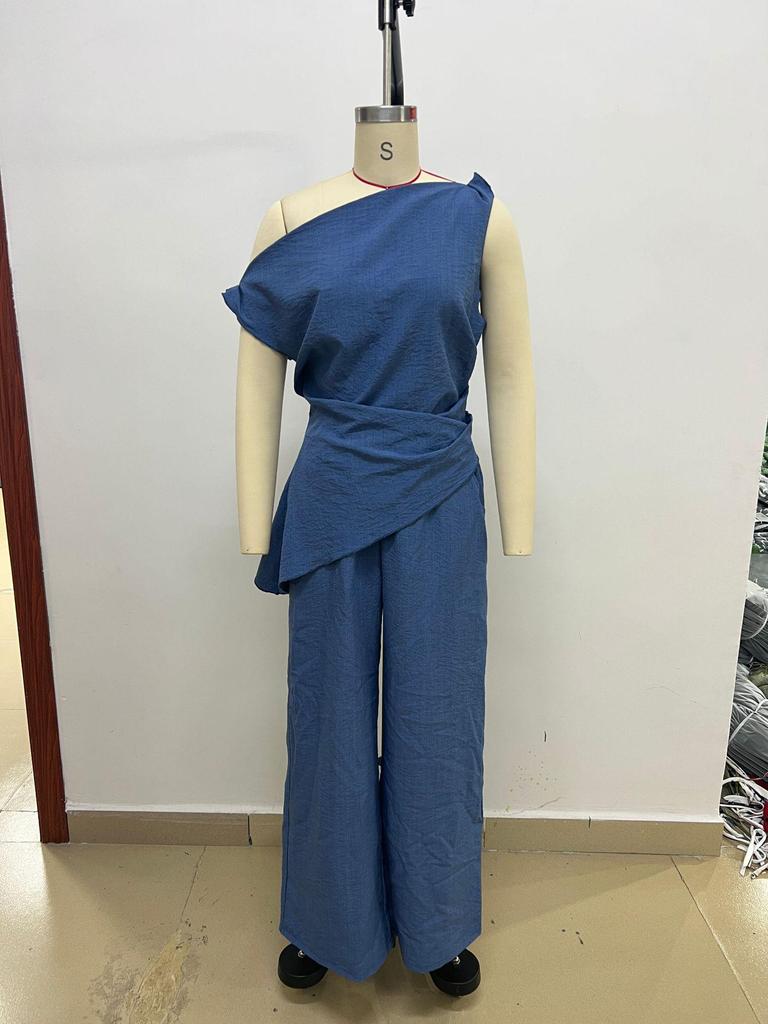 Elegant One-Shoulder Solid Color Women's Suit with Pocket Zipper Pants