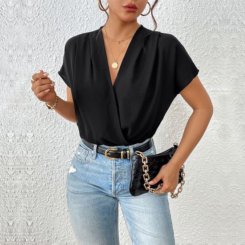 Summer Sexy Women Bodysuits Batwing Sleeve Solid V Neck Rompers