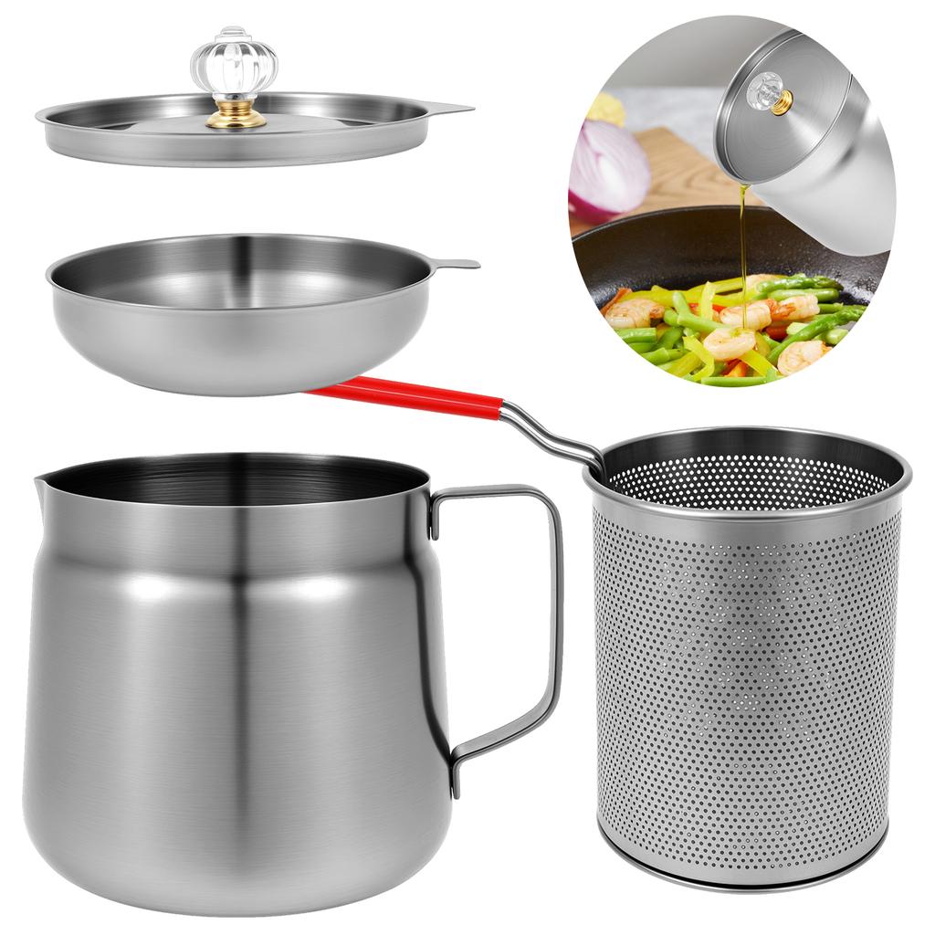 1.5/2L Oil Filter Pot 304 Stainless Steel Oil Strainer Pot with Deep Fryer Basket and Strainer Cooking Grease Container for Home