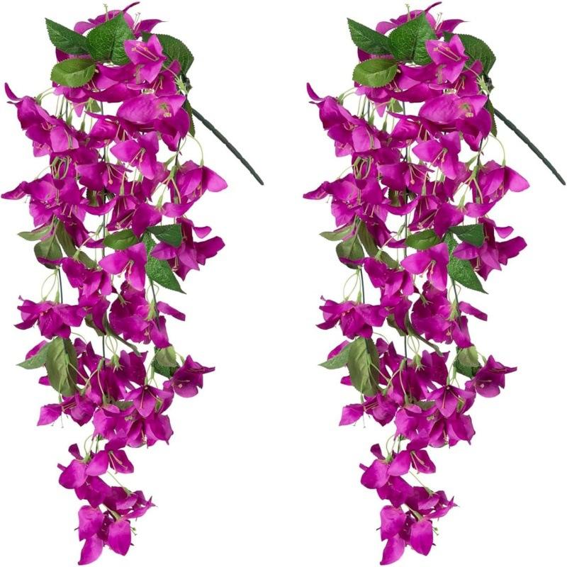 2PC Artificial Violet Flower for Wedding Party Courtyard Garden Orchid Fake Flower Leaf Vines Wall Hanging Plants Home Decoratio