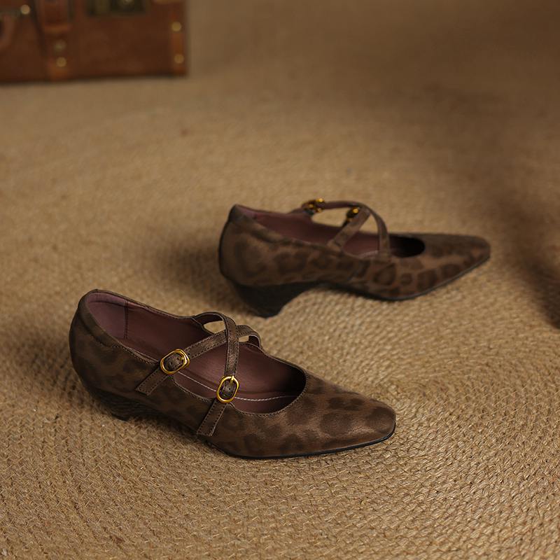 Krazing Pot Cow Skin Spring Summer Size 43 Size 42 Size 41 Thick Med Heels Women Square Toe Leisure Leopard Pumps