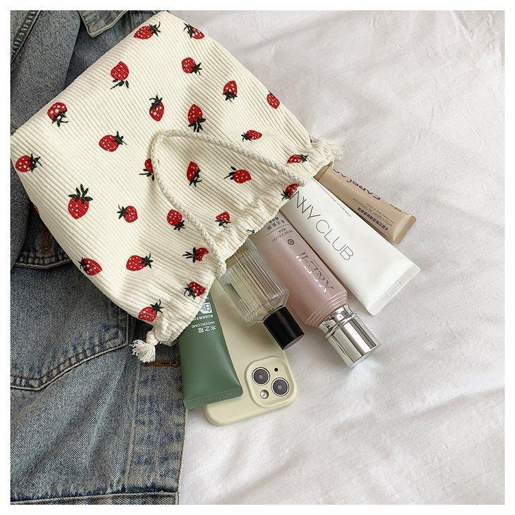 Cute Corduroy Handbag Fresh Strawberry Drawstring Bag Key Headphone Data Cable Organizer Pouch Student Makeup Bag Toiletry Bag