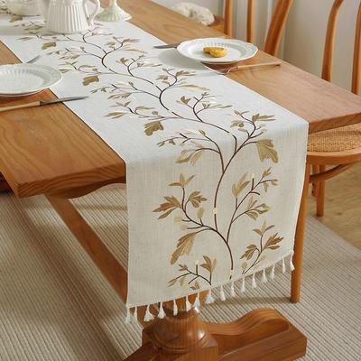 Passadeira de Mesa com Bordado Nórdico de Plantas Folhas Cáqui Borla Tapete para Mesa de Chá Passadeira de Mesa de Algodão Linho Decoração de Casa Toalha de Mesa de Jantar