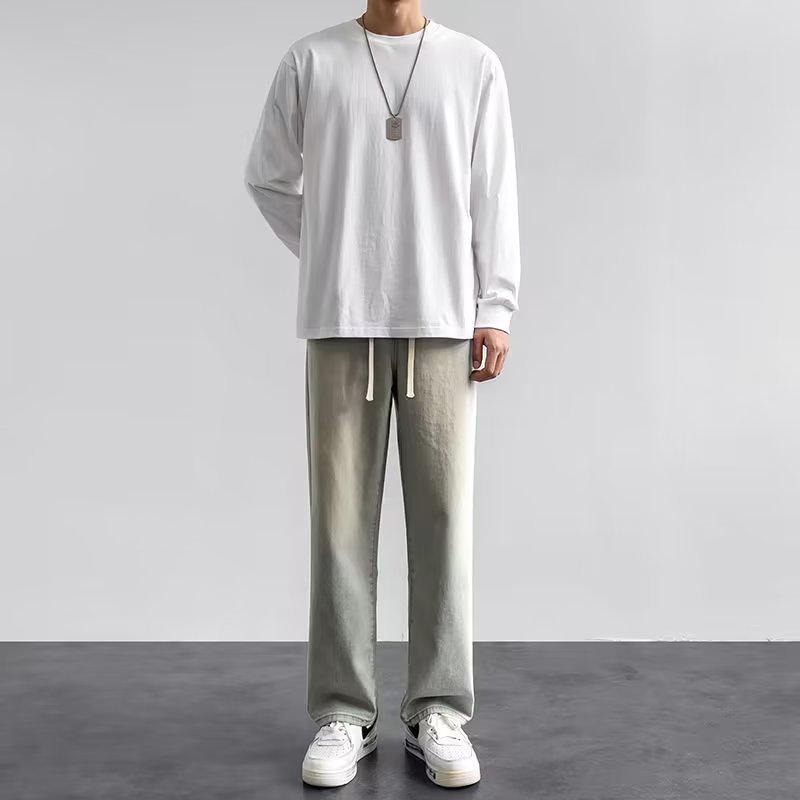 Men's Japanese-Style Light Drawstring Jeans: Elastic Waist, Loose Straight, Wide-Leg, Casual Floor-Length Pants
