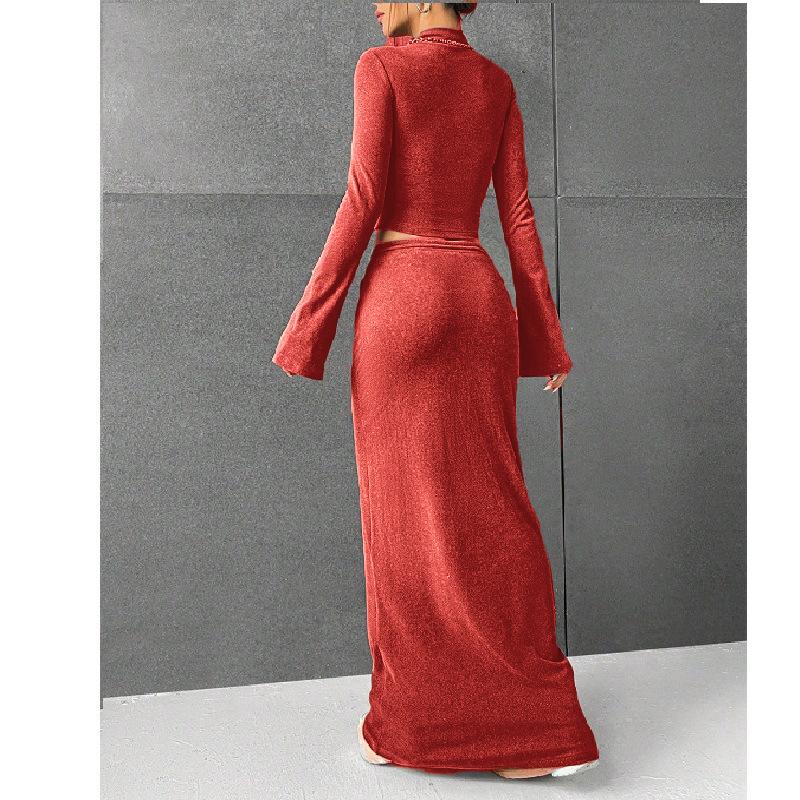 Women's skirt set solid color long sleeve round neck T-shirt long skirt two-piece set