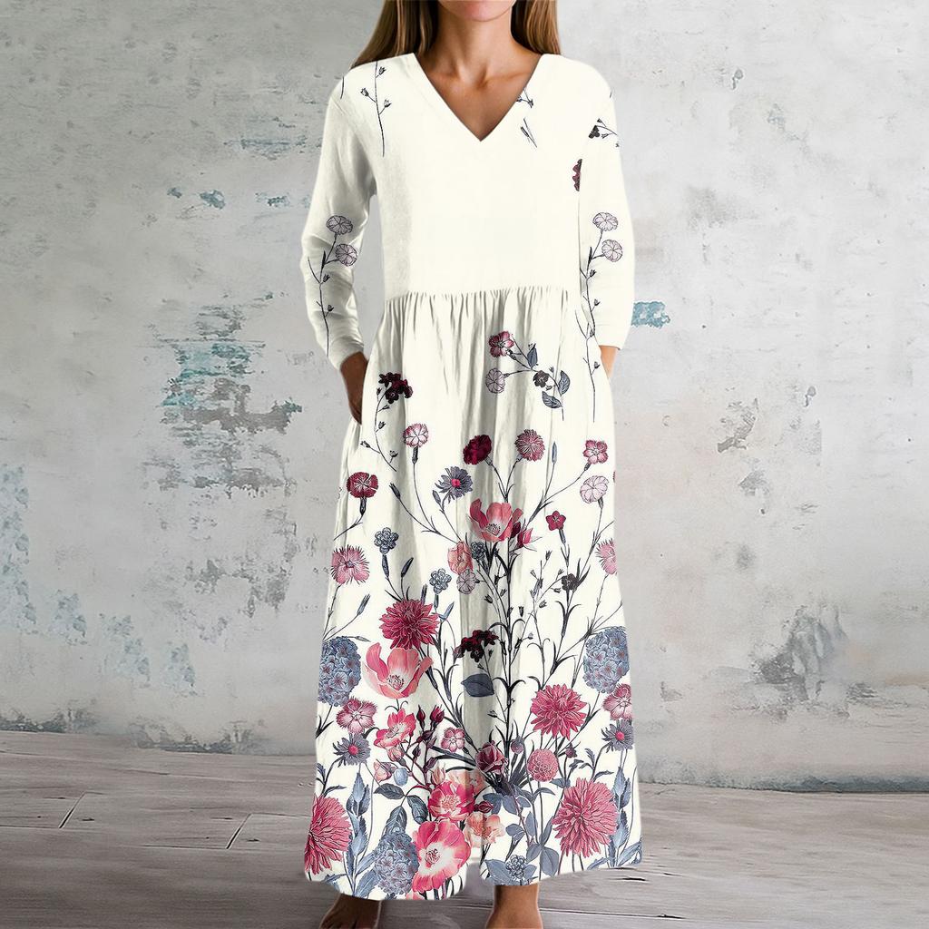 Damska Sukienka Modowa Wiosenna Sukienka z Dekoltem V i Długim Rękawem