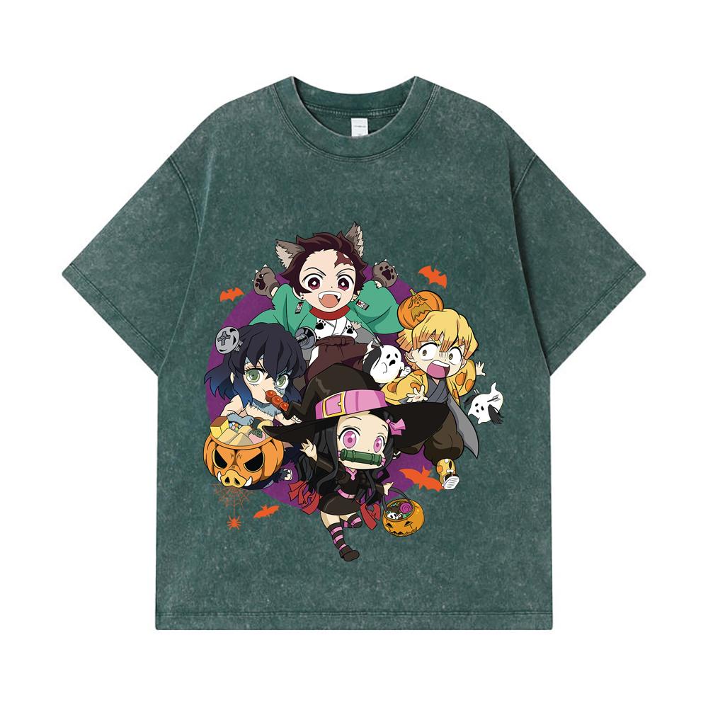 275 GSM Washed T-shirts 100% Cotton Demon Slayer V111 Halloween Print Unisex Heavy Cotton T Shirt
