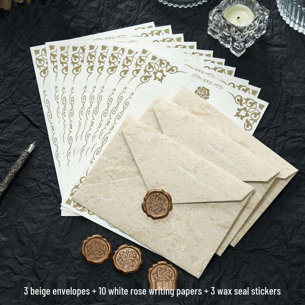 Gilded Envelope & Letter Paper Set - Embossed Texture, Straits Style, Handwritten Love Letters with Wax Seal for Valentine's Day