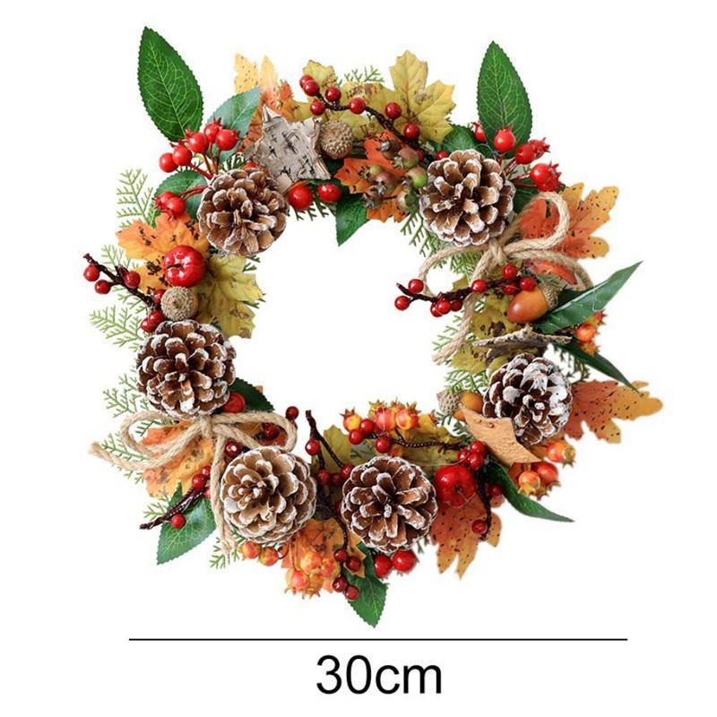 New Artificial Wreath Fall Maple Leaves Wreath with Decorative Pine Cone Red Berry Front Door Wreath Christmas Floral Rattan Garland