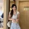 American texture lace strap v-neck short-sleeved t-shirt women's summer floral full print slim-fit design Spice Girl top