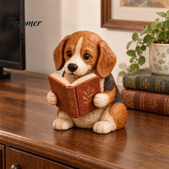 Reading Dog Decor Figurine, Cute Book Loving Puppy Sculpture for Bookshelf Nook Desk, Gift and Lovers Statue