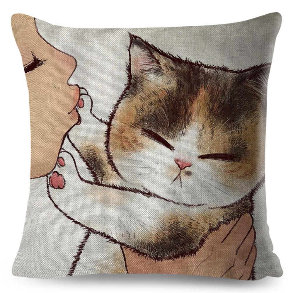 Lustige Liebe Kuss Niedliche Katze Kissenbezüge für Sofa Zuhause Auto Kissenbezug Kissenbezüge Dekor Cartoon Kissenbezug 45x45cm