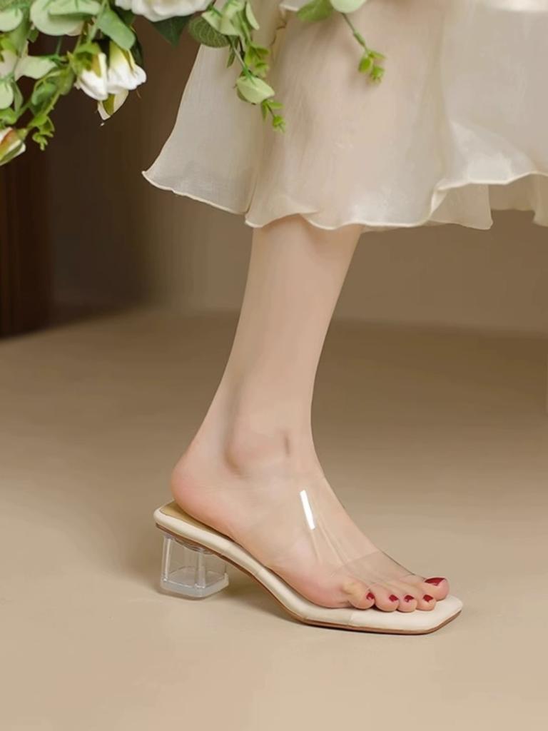 Fashion Women's Genuine Leather Shoes Slippers Casual Transparent Heel Glitter Slides Heeled Mules Pantofle Luxury Jelly High Soft 2025