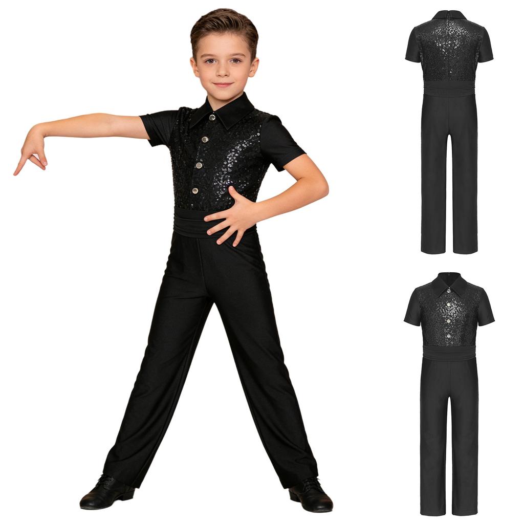 Trajes de patinaje artístico para niños Camisa de baile latino moderno para niños Body Leotardo Niños Salsa Tango Salón Solapa Mono Tops