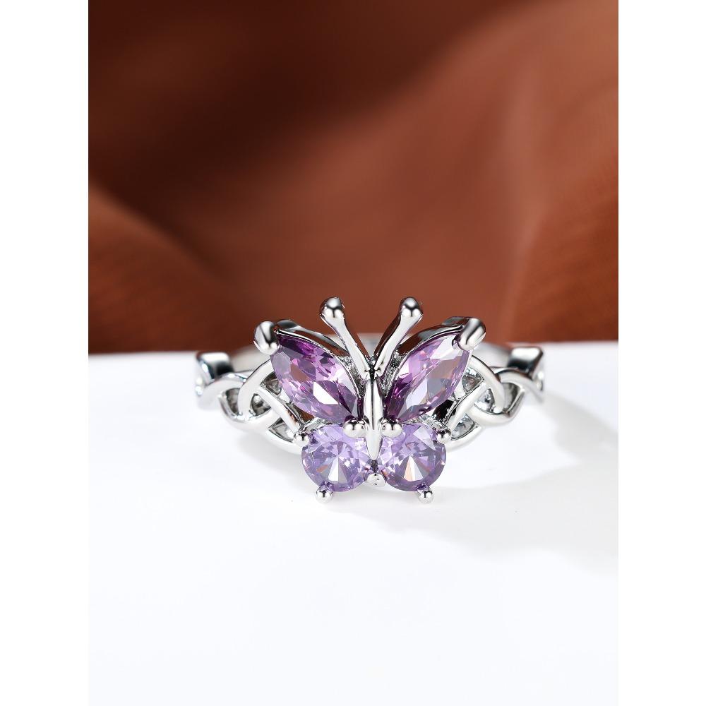 Hollow Out Colored Diamond Butterfly Design Ring Summer Fashion Exquisite Small Fresh Personality Ring