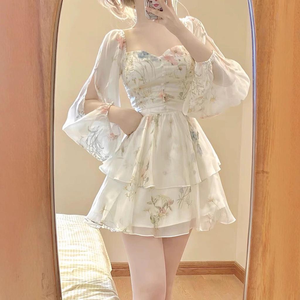 Sunscreen chiffon floral dress women's summer high-end temperament fairy irregular skirt waist small short skirt