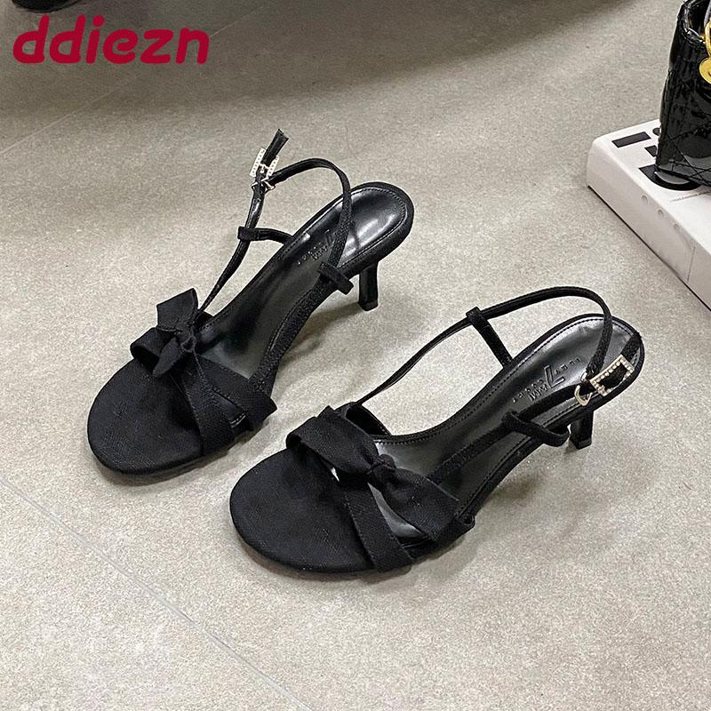 Fashion Fashion Round Toe Elegant Women Heeled Sandals Shoes Shallow Female Butterfly-Knot Ladies Medium Heels Sandals Shoes Pumps