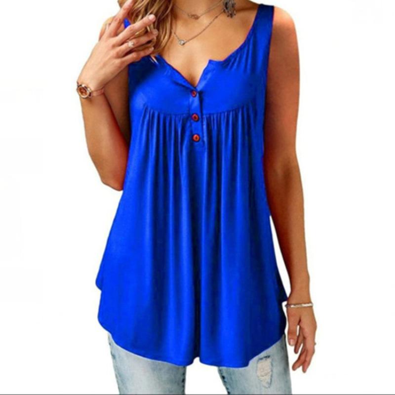 Women s Summer Sleeveless Tank Top Casual Solid Color Pleated Henley Tunic Button Down Flowy Loose Fit Longline Blouse Plus Size S светло-синий