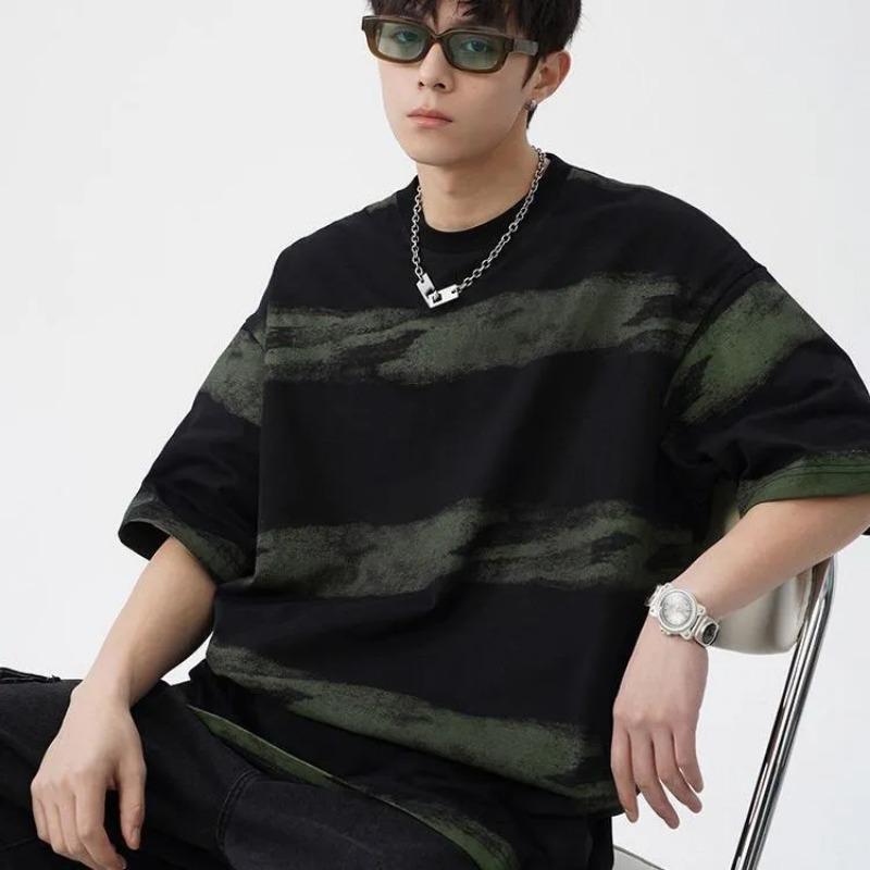 Men's Beige Oversized T-Shirt with Gradient Stripe Print Casual Loose Fit Short Sleeve Top