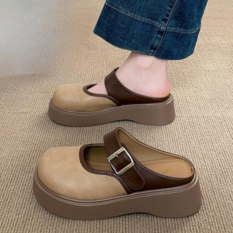 Women's New Style Closed Toe Slippers One Foot Soft Flat Rubber Comfortable Height Increase PU Basic Fabric Casual Shoes