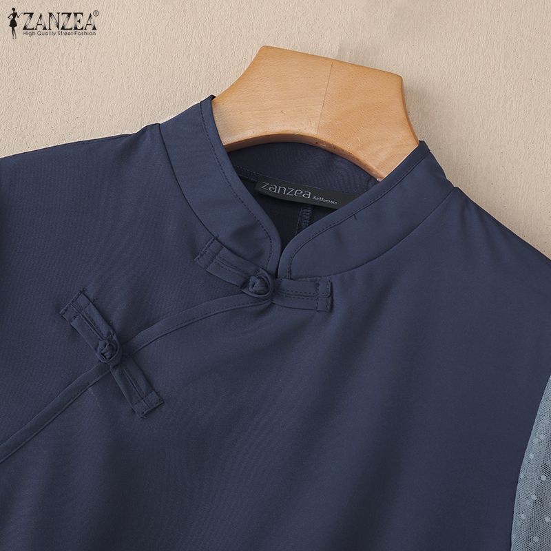 ZANZEA Women Casual Stand Collar Mesh Splice Half Sleeve Blouse