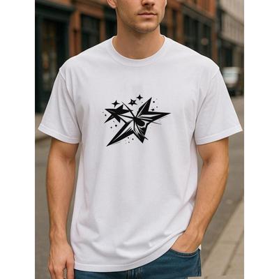Tailles européennes T-shirt décontracté à manches courtes et col rond pour homme | Imprimé étoile à cinq branches, Confortable et respirant,