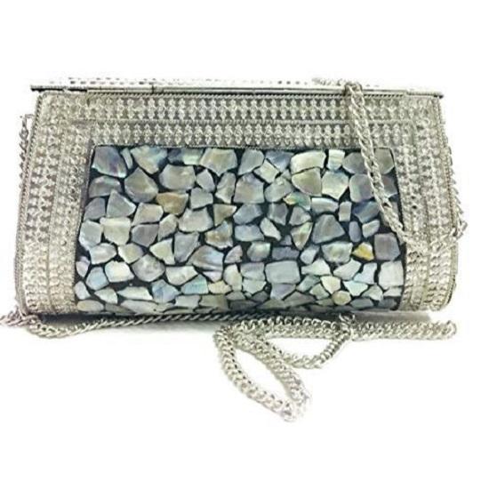 Damen Silber Muschel Perlmuttstein Ethnische Clutch - Indische Antik Mosaik Metall Party Geldbörse