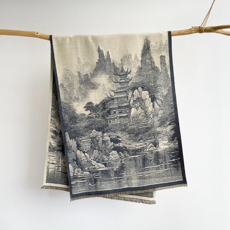 Vintage Chinese Style Thickened Imitation Cashmere Tassel Scarf For Women Winter Warm Outdoor