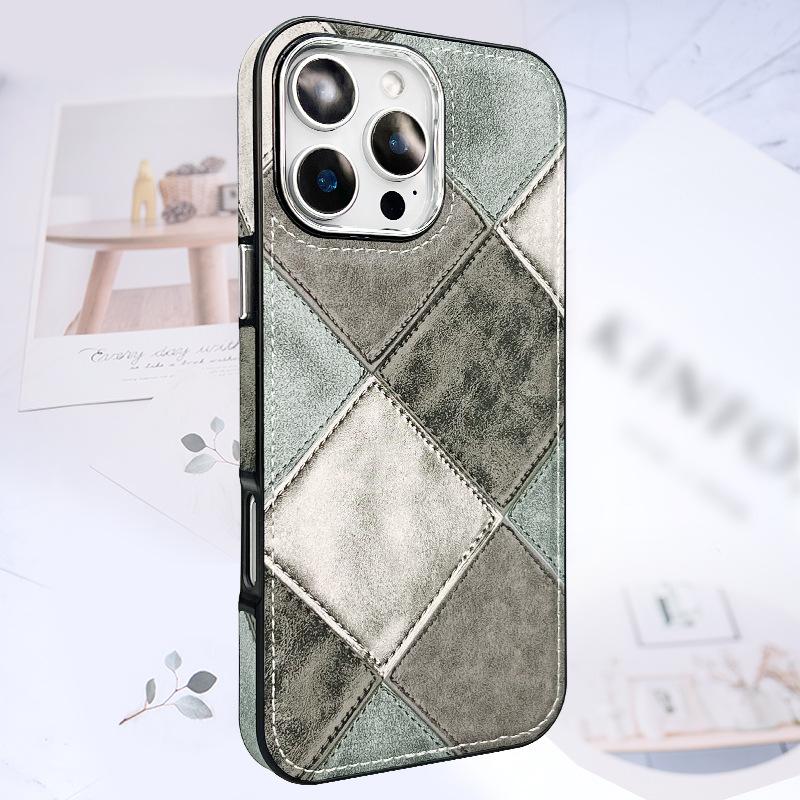 Geometric Splicing and Leather Plating and High-lifting Lens Mobile Phone Case Suitable for IPhone16promax Anti-fall Case 15/14