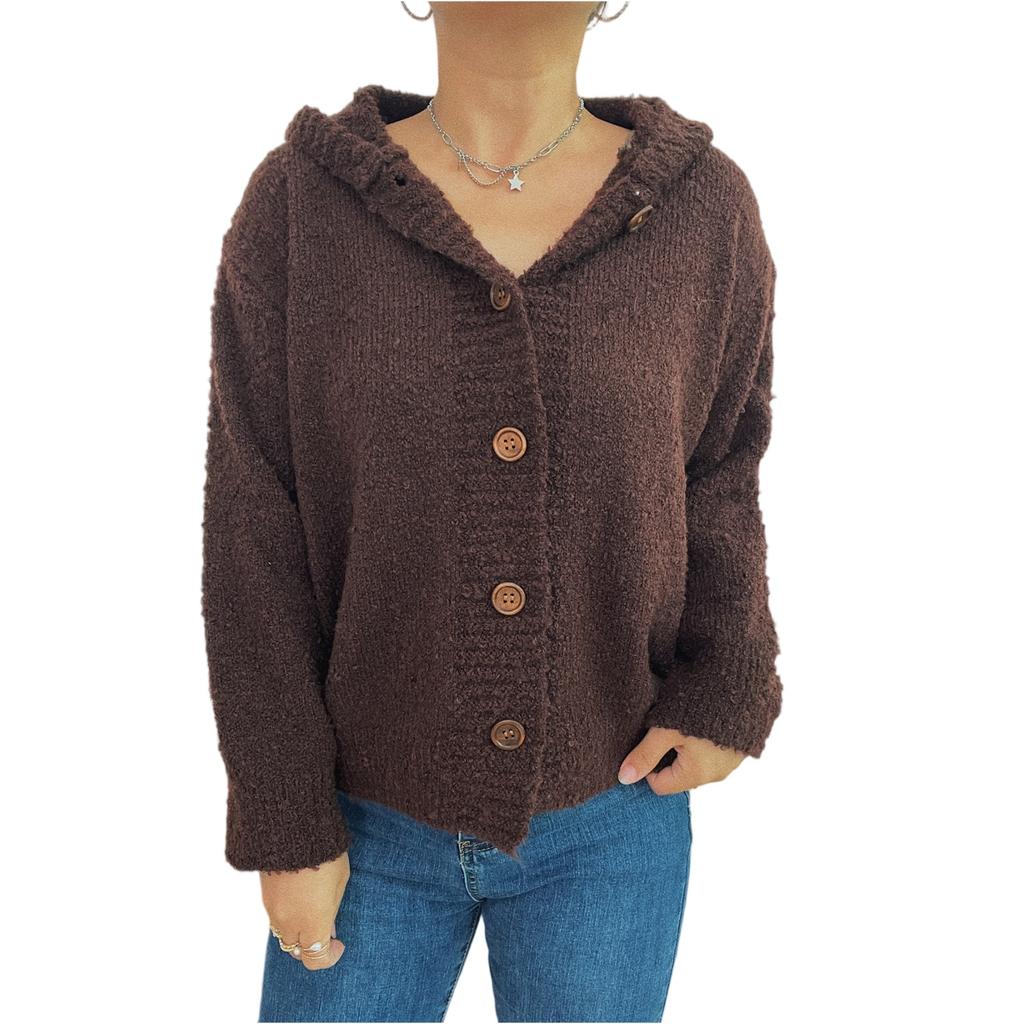 Women's Fashion Casual Thickened Hooded Single-Breasted Long-Sleeved Cardigan Button Knitted Sweater Jacket