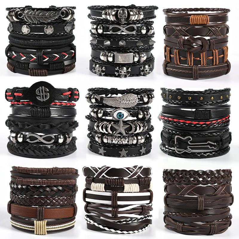 Men's Braided Leather Skull Bracelet Set with Multi-Layered Genuine Leather Bangle