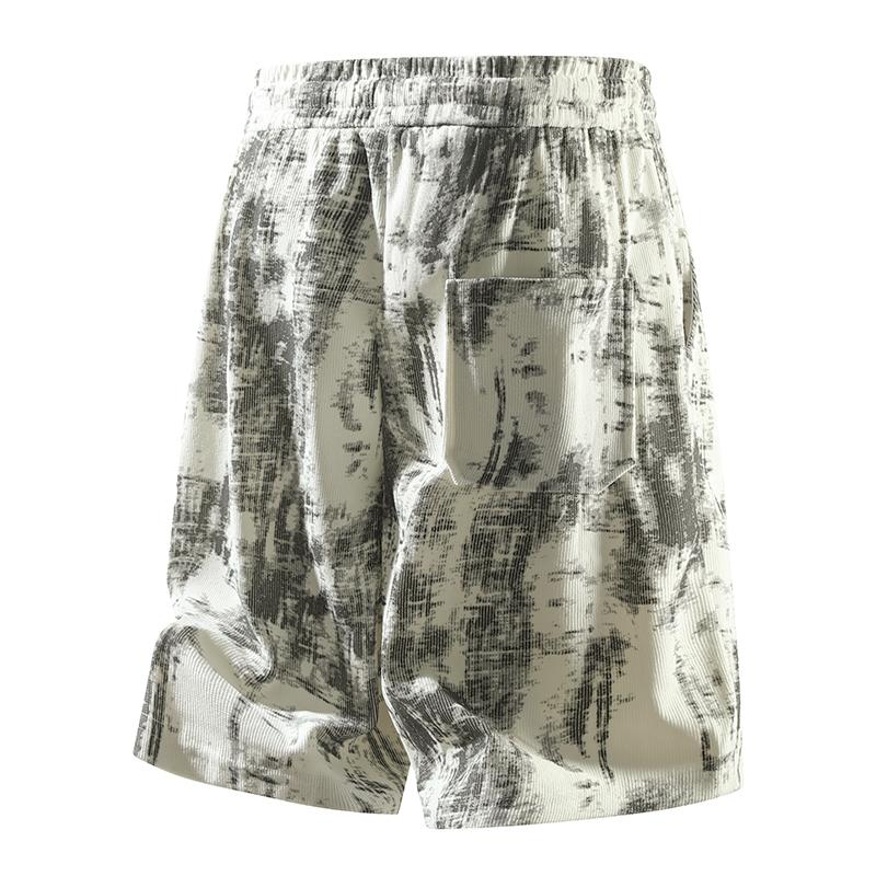 Men's Ink Wash Print Drawstring Casual Shorts Loose Streetwear Black White Bottoms