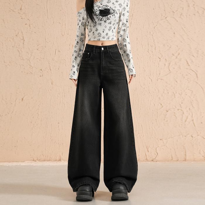 

Женские джинсы с высокой талией в стиле ретро с рваными деталями - Осень 2025, Свободный широкий крой L