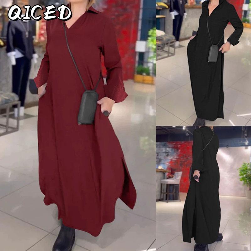 QICED Fashion Autumn Winter Solid Color Print Long Sleeve POLO-Neck Casual Dresses