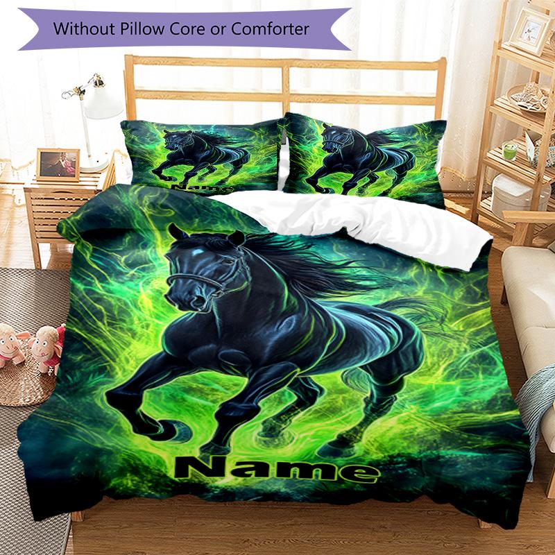 3pcs Custom Name Horse Bedding Set Duvet Cover Closure Includes 1 Duvet Cover & 2 Pillowcases, Soft and Comfortable for All Seasons.