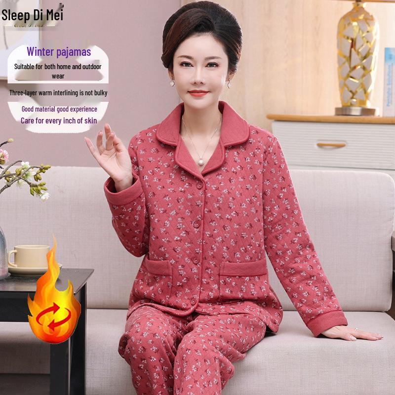 Women's Thick Warm Knitted Cotton Pajamas for Autumn/Winter - Middle-Aged & Elderly Sleepwear, Versatile Home & Outdoor Wear