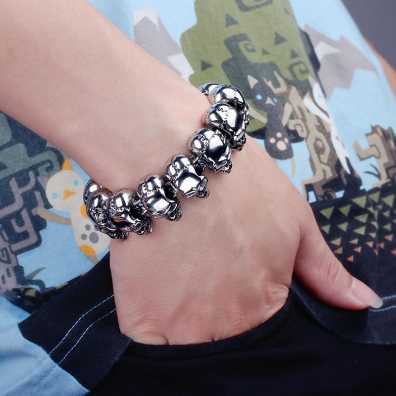 Punk Gold Color Skull Charm Bracelet Men Women Hiphop Rock Black Stainless Steel Skeleton Bike Biker Chain Bangle Jewelry