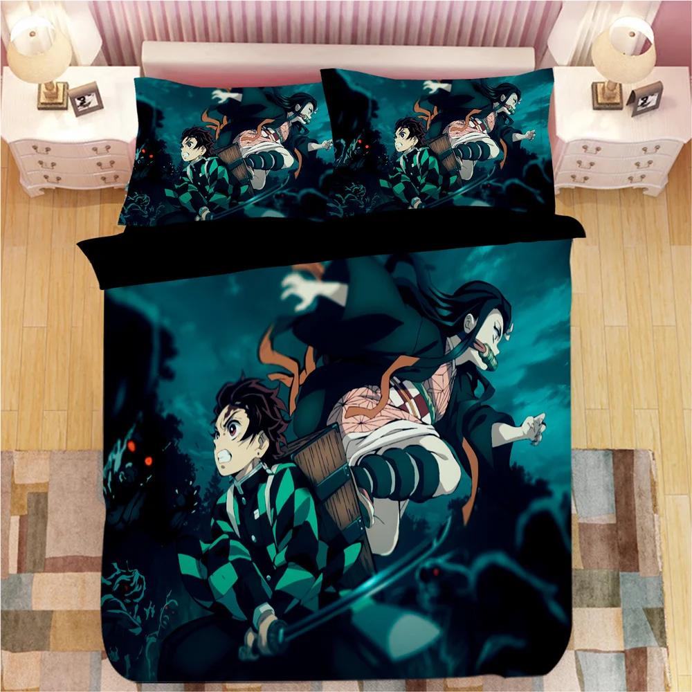 Demon Slayer Bedding Sets Cartoon Duvet Cover Bed Linen Boys Kids Single Double Size Soft Bedclothes Home Decor Anime Comforter