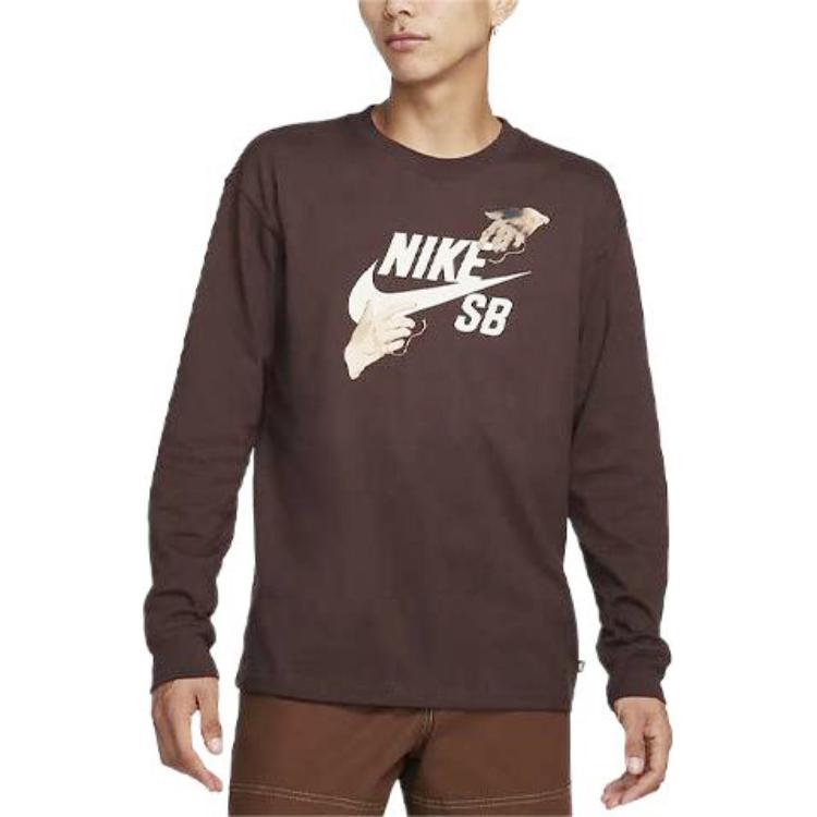 Nike T-shirt męski z długim rękawem, prążkowany, z okrągłym dekoltem i nadrukiem logo SB, brązowy FQ7682-227